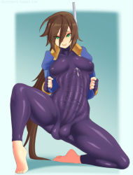 Rule 34 | 1girl, :p, aged up, aile (mega man zx), artist name, bad id, bad pixiv id, barefoot, bodysuit, breasts, breasts apart, brown hair, bulge, erection, erection under clothes, fingerless gloves, full-package futanari, futanari, gloves, green eyes, huge penis, large penis, latex, latex suit, long hair, looking at viewer, low ponytail, medium breasts, mega man (series), mega man zx, mega man zx advent, necrosmos, open clothes, penis, ponytail, precum, puffy short sleeves, puffy sleeves, shiny clothes, short sleeves, skin tight, solo, spread legs, testicles, tongue, tongue out, watermark, web address