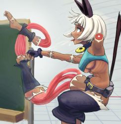 Rule 34 | 1girl, animal ears, baconegg, bare shoulders, belt, blue eyes, breasts, cat ears, cat tail, claws, collar, dark skin, dark-skinned female, fang, female focus, highres, medium breasts, ms. fortune (skullgirls), open mouth, ryona, saliva, scar, short hair, short shorts, shorts, sideboob, skullgirls, solo, tail, tongue, tongue out, underboob