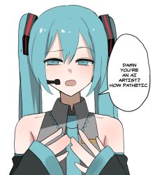Rule 34 | 1girl, ai-generated art (topic), aqua eyes, aqua hair, aqua necktie, bare shoulders, black sleeves, bright pupils, collared shirt, commentary, detached sleeves, english commentary, english text, grey shirt, hair between eyes, hair ornament, half-closed eyes, hatsune miku, headset, highres, long sleeves, looking at viewer, mykokampfwagen, necktie, open mouth, raised eyebrow, shirt, simple background, sleeveless, sleeveless shirt, sleeves past wrists, solo, speech bubble, twintails, upper body, vocaloid, white background, white pupils