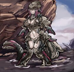 Rule 34 | 1girl, animal ears, armor, blue eyes, breasts, colored skin, commentary request, fish girl, grey skin, grin, headgear, highres, jyuratodus, knees together feet apart, large breasts, looking at viewer, monster girl, monster hunter (series), navel, outdoors, personification, shirt, shoulder armor, skirt, smile, solo, standing, stomach, tail, torn clothes, udetamago, wading, water, wet, wet clothes