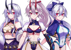 Rule 34 | 3girls, alternate costume, bikini, black horns, blue bow, blue one-piece swimsuit, bow, breasts, cleavage, commentary request, competition swimsuit, cropped jacket, detached sleeves, earrings, fate/grand order, fate (series), hair between eyes, hair bow, highleg, highleg swimsuit, highres, hoop earrings, horns, jacket, jewelry, large breasts, long hair, looking at viewer, midriff, mitsudomoe (shape), multicolored clothes, multicolored swimsuit, multiple girls, multiple persona, navel, one-piece swimsuit, oni horns, open clothes, open jacket, ponytail, purple bikini, red eyes, red horns, short sleeves, silver hair, simple background, swimsuit, tomoe (symbol), tomoe gozen (fate), tomoe gozen (swimsuit saber) (fate), tomoe gozen (swimsuit saber) (first ascension) (fate), tomoe gozen (swimsuit saber) (second ascension) (fate), tomoe gozen (swimsuit saber) (third ascension) (fate), white background, white one-piece swimsuit, yurui shinotsuki
