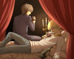 Rule 34 | 2boys, alcohol, bad id, bad pixiv id, blonde hair, bottle, bracelet, brown eyes, brown hair, candle, casual, cross, cup, drinking glass, fate/stay night, fate/zero, fate (series), from behind, gilgamesh (fate), highres, jewelry, kotomine kirei, kudou akira, male focus, multiple boys, necklace, official alternate costume, red eyes, wine, wine glass