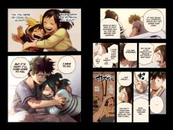 Rule 34 | 1boy, 1girl, all might (cosplay), bed, black background, blanket, boku no hero academia, character name, colorized, comic, cosplay, crying, curly hair, denim, english text, eyebrows, closed eyes, flashback, freckles, green eyes, green hair, grey shirt, happy, hexamendle, highres, holding hands, hood, hood up, hoodie, horikoshi kouhei, hospital, hospital bed, hospital gown, hug, indoors, japanese text, jeans, long hair, midoriya inko, midoriya izuku, mother and son, open mouth, pale skin, pants, ponytail, scar, scar on arm, scar on hand, sheet, shirt, short hair, sitting, smile, sound effects, speech bubble, spoilers, squatting, stitched, tears, teeth, third-party edit, yellow shirt, aged down
