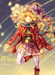 Rule 34 | 1girl, alternate costume, bad id, bad leg, bad pixiv id, belt, black shirt, blonde hair, blue scarf, blurry, blush, boots, bow, brown footwear, character name, constellation print, floating hair, garter straps, glowing, glowing hair, hat, hat bow, hat ribbon, highres, jacket, kirisame marisa, long hair, looking at viewer, mieo, miniskirt, open hands, pleated skirt, red jacket, ribbon, scarf, shirt, skirt, smile, solo, star (sky), thighhighs, touhou, white thighhighs, witch hat, yellow eyes, zettai ryouiki