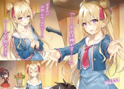 Rule 34 | 2girls, :d, blonde hair, blue eyes, blue jacket, bow, brown hair, character name, closed eyes, collarbone, double bun, dress, floating hair, hair between eyes, hair bow, hair bun, hair ribbon, head tilt, highres, jacket, long hair, long sleeves, looking at viewer, microphone, momoko (momopoco), multiple girls, necktie, novel illustration, official art, open clothes, open jacket, open mouth, oshiego ni kyouhaku sareru no wa hanzai desu ka?, outstretched arms, pleated dress, purple eyes, red bow, red dress, red neckwear, red ribbon, ribbon, short dress, smile, sparkle, very long hair