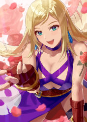 1girl blonde_hair blue_eyes bracelet breasts brown_gloves crystal_earrings earrings fatal_fury fingerless_gloves gloves gold_bracelet highres jenet_behrn jewelry large_breasts looking_at_viewer open_mouth pirate revision smile teeth the_king_of_fighters upper_teeth_only yagi2013