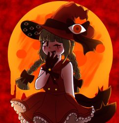 Rule 34 | black bow, black bowtie, blunt bangs, blush, blush stickers, bow, bowtie, braid, brown hair, buttons, cloud, cloudy sky, frilled skirt, frills, funamusea, gloves, hair bow, hair ribbon, hand to own mouth, hat, hat bow, hat ribbon, highres, laughing, long hair, moon, one eye closed, oounabara to wadanohara, red hat, red shirt, red skirt, red sky, ref, ribbon, sailor collar, shirt, skirt, sky, sleeveless, sleeveless shirt, solo, spoilers, twin braids, upper body, witch, witch hat