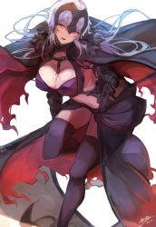 Rule 34 | 1girl, absurdres, breasts, cape, chain, cleavage, fate/grand order, fate (series), fur-trimmed cape, fur collar, fur trim, gauntlets, headpiece, highres, jeanne d&#039;arc (fate), jeanne d&#039;arc alter (avenger) (fate), jeanne d&#039;arc alter (avenger) (third ascension) (fate), jeanne d&#039;arc alter (fate), large breasts, long hair, long skirt, midriff, navel, open mouth, silver hair, skirt, thighhighs, thighs, tomochi (tmc tmc8), yellow eyes