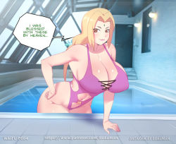 Rule 34 | 1girl, blonde hair, blue legwear, bokuman, breasts, brown eyes, cleavage, curvy, english text, huge breasts, large breasts, long hair, low twintails, naruto, naruto (series), naruto shippuuden, one-piece swimsuit, rei no pool, shiny skin, smile, solo, swimsuit, tsunade (naruto), twintails