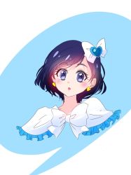 Rule 34 | 1girl, alternate hair length, alternate hairstyle, blue eyes, blue hair, bow, bowtie, capelet, cropped torso, cure white, earrings, frilled capelet, frills, futari wa precure, hair bow, hair ornament, heart, heart earrings, heart hair ornament, highres, jewelry, looking at viewer, manekineko5319, open mouth, portrait, precure, short hair, solo, swept bangs, white bow, white bowtie, white capelet