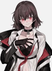 Rule 34 | 1girl, aogisa, black bra, black gloves, bra, breasts, cleavage, closed mouth, collarbone, counter:side, gloves, highres, joo shiyoung, long sleeves, looking at viewer, loose clothes, navel, necktie, padlock, padlocked collar, red eyes, smile, solo, underwear