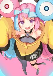 Rule 34 | 1girl, absurdres, bare shoulders, blue hair, blush, bow-shaped hair, breasts, character hair ornament, creatures (company), game freak, hair ornament, highres, iono (pokemon), jacket, light blue hair, long hair, long sleeves, looking at viewer, low twintails, medium breasts, multicolored hair, nintendo, nishin (nsn 0822), open mouth, pink hair, pokemon, pokemon sv, purple eyes, sharp teeth, sleeves past fingers, sleeves past wrists, smile, solo, split-color hair, teeth, twintails, yellow jacket