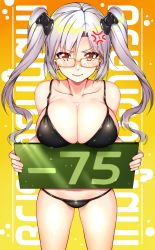 Rule 34 | 1girl, absurdres, anger vein, bikini, black bikini, blush, breasts, cleavage, collarbone, controller, game controller, glasses, hair ornament, highres, holding, holding sign, large breasts, long hair, looking at viewer, sign, solo, steam (platform), swimsuit, thai text, twintails, wet, white hair, yakimi 27, yellow-framed eyewear, yellow eyes