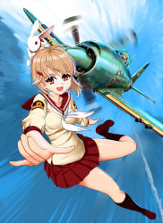 Rule 34 | 1girl, aircraft, airplane, black socks, brown hair, dual persona, flying, hagoromo maki, hair ornament, hairpin, kawanishi shidenkai, nogami takeshi, open mouth, original, outstretched arms, perspective, pleated skirt, propeller, rabbit, red eyes, school uniform, shidenkai no maki, short hair, skirt, smile, socks, solo, vehicle focus