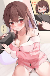 Rule 34 | 1girl, absurdres, black bra, black shorts, blush, bra, bra peek, braid, breasts, brown hair, cleavage, collarbone, commentary, hair between eyes, hand on another&#039;s cheek, hand on another&#039;s face, highres, holding another&#039;s arm, indoors, kamimori kuuraku, kneeling, lace, lace-trimmed bra, lace trim, large breasts, long sleeves, looking at viewer, medium hair, nose bubble, off shoulder, on bed, original, pajamas, pink pajamas, red eyes, shorts, single braid, solo focus, strap slip, tearing up, underwear