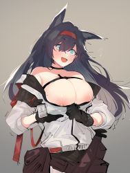 Rule 34 | 1girl, animal ears, arknights, bare shoulders, belt, black choker, black gloves, black hair, blaze (arknights), blue eyes, breasts, brown background, cat ears, chest strap, choker, collarbone, commentary, cowboy shot, embarrassed, fang, flying sweatdrops, gloves, grey background, hairband, highres, id card, infection monitor (arknights), jacket, large breasts, long hair, looking at viewer, motion lines, nipple slip, nipples, open clothes, open jacket, open mouth, puffy nipples, red hairband, retri, simple background, skin fang, sleeves rolled up, solo, sweat, utility belt, wardrobe malfunction, white jacket