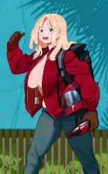 Rule 34 | 1girl, :d, backpack, bag, blonde hair, blue eyes, blush, bottle, breasts, brown flower, cleavage, denim, dog tags, highres, holding, holding bottle, jacket, jeans, long hair, looking at viewer, miami-chan (ryusei hashida), no bra, open mouth, original, pants, ryusei hashida, smile, solo, tears