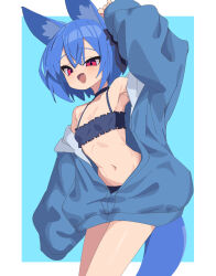 Rule 34 | 1girl, absurdres, animal ears, bikini, black bikini, blue hair, blue hoodie, border, commentary, cowboy shot, flat chest, fox ears, fox tail, highres, hood, hoodie, looking at viewer, miya (myakuro), myakuro, navel, open clothes, open hoodie, open mouth, original, oversized clothes, partially unzipped, red eyes, short hair, simple background, sleeves past fingers, sleeves past wrists, smile, solo, swimsuit, tail, tsurime, white border