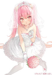 Rule 34 | 1girl, :o, bare arms, bare shoulders, blush, bouquet, bridal veil, commentary request, copyright notice, dress, fang, flower, frilled dress, frills, gloves, hair between eyes, hair ornament, high heels, himekuma ribon, holding, holding bouquet, long hair, looking at viewer, official art, pantyhose, parted lips, pink flower, pink hair, pink rose, re:act, red eyes, rose, saeki sora, see-through, shoes, simple background, sitting, solo, strapless, strapless dress, tiara, twintails, veil, very long hair, virtual youtuber, wedding dress, white background, white dress, white footwear, white gloves, white pantyhose, x hair ornament