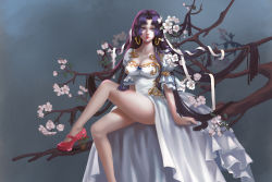 Rule 34 | 10s, 1girl, 2016, absurdres, arm support, arms at sides, artist name, blue eyes, boa hancock, branch, breasts, brooch, charity chan, cherry blossoms, cleavage, collarbone, crossed legs, dated, dress, frilled sleeves, frills, gem, high heels, highres, jewelry, knee up, large breasts, leg up, legs, lipstick, long hair, makeup, one piece, parted bangs, parted lips, pink lips, puffy short sleeves, puffy sleeves, purple hair, red footwear, shoes, short sleeves, showgirl skirt, signature, sitting, solo, very long hair, white dress