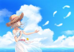 Rule 34 | 1girl, arata (xin), bad id, bad pixiv id, bare arms, bare shoulders, blue sky, breasts, commentary request, danganronpa (series), danganronpa 2: goodbye despair, day, dress, feathers, flipped hair, flying, hair ornament, hairclip, hat, highres, holding, invisible, jewelry, unworn jewelry, large breasts, md5 mismatch, nanami chiaki, necklace, unworn necklace, ocean, pink eyes, pink hair, resolution mismatch, see-through, short hair, sky, sleeveless, smile, solo, star (symbol), star necklace, sun hat, water, white dress, white feathers, wind