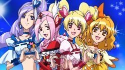 Rule 34 | 00s, 4girls, :d, aono miki, blonde hair, blue eyes, bow, cure berry, cure passion, cure peach, cure pine, eyelashes, fresh precure!, hair ornament, heart, heart hair ornament, heart hands, heart hands duo, higashi setsuna, long hair, looking at viewer, magical girl, momozono love, multiple girls, official art, open mouth, orange eyes, orange hair, pink eyes, pink hair, precure, purple eyes, purple hair, red eyes, ribbon, short hair, smile, twintails, yamabuki inori