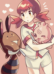 1girl :o anidler91 brown_eyes creatures_(company) game_freak gen_2_pokemon heart highres holding holding_pokemon igglybuff nintendo open_mouth pink_background pink_hair pink_trim pokemon pokemon_(creature) pokemon_gsc sentret shirt shirt_tug short_hair short_sleeves shorts sweat twintails white_shirt white_shorts whitney_(pokemon)