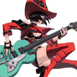 Rule 34 | 1girl, black hair, boots, breasts, cleavage, electric guitar, fingerless gloves, gloves, guilty gear, guilty gear strive, guilty gear xrd, guitar, hat, highres, i-no, instrument, large breasts, medium hair, purple z, red footwear, red headwear, red leather, red lips, short hair, thigh boots, witch hat