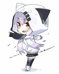 Rule 34 | 1girl, :d, animal ears, animal hood, azuma lim, azuma lim channel, bad id, bad pixiv id, beamed sixteenth notes, black skirt, black thighhighs, brown eyes, cat ears, cat hood, chibi, ear piercing, eighth note, hair between eyes, hood, hood up, hoodie, long hair, long sleeves, looking at viewer, musical note, open mouth, outstretched arms, piercing, pleated skirt, pointing, sidelocks, silver hair, skirt, sleeves past wrists, smile, solo, standing, tanyatonya, thighhighs, translation request, v-shaped eyebrows, very long hair, virtual youtuber, white background, white hoodie