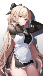 Rule 34 | 1girl, :o, absurdres, alternate costume, apron, arm behind head, black bow, black dress, blonde hair, blush, bow, breasts, cleavage, cowboy shot, danha, dress, enmaided, frilled dress, frills, hair bow, hands in hair, highres, large breasts, light, long hair, long sleeves, looking at viewer, maid, maid apron, open mouth, original, red eyes, shadow, sidelocks, simple background, solo, standing, white apron