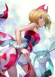 Rule 34 | 1girl, blonde hair, blue eyes, bracelet, closed mouth, commentary request, creatures (company), dai-xt, eyelashes, frown, game freak, gen 4 pokemon, glaceon, hair between eyes, hairband, highres, irida (pokemon), jewelry, looking down, medium hair, nintendo, pokemon, pokemon (creature), pokemon legends: arceus, red hairband, sash, shirt, shorts, strapless, strapless shirt, waist cape, white shorts