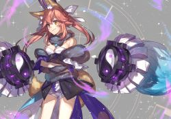 Rule 34 | 10s, 1girl, animal ears, bad id, bad pixiv id, bare shoulders, chocoan, detached sleeves, fate/extella, fate/extra, fate (series), fox ears, fox tail, fur, glowing, hair between eyes, hair ribbon, japanese clothes, magatama, official alternate costume, pink hair, ribbon, sarashi, shorts, solo, sparkle, tail, tamamo (fate), tamamo no mae (fate/extra), tamamo no mae (moon crux) (fate), yellow eyes, yin yang
