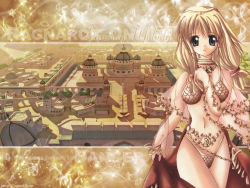 Rule 34 | 1girl, belly chain, bikini, blonde hair, dancer, dancer (ragnarok online), english text, engrish text, jewelry, long hair, lots of jewelry, neck ring, ragnarok online, ranguage, solo, swimsuit