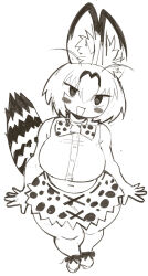 Rule 34 | belly, big belly, bow, bowtie, breasts, cat, highres, huge breasts, kemono friends, looking at viewer, navel, plump, serval (kemono friends), short hair, simple background, skirt, stomach, suggestive, tail