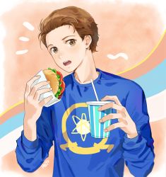 Rule 34 | 1boy, animification, atom, bishounen, blue shirt, bread, brown eyes, brown hair, commentary, cup, disposable cup, drink, drinking straw, fast food, food, holding, holding cup, long sleeves, looking at viewer, male focus, marvel, open mouth, peter parker, peyo han, shirt, short hair, simple background, solo, spider-man (series), teeth, tomato, wrapper