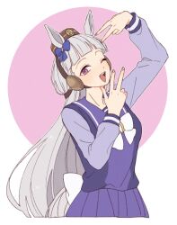 Rule 34 | 1girl, animal ears, arm up, bow, bowtie, breasts, brown hat, double v, ear bow, gold ship (umamusume), grey hair, hand up, hat, head tilt, horse ears, horse girl, horse tail, long hair, long sleeves, nm222hz, one eye closed, open mouth, pink eyes, purple shirt, purple skirt, sailor collar, school uniform, shirt, skirt, small breasts, smile, solo, tail, tracen school uniform, twitter username, umamusume, upper body, v, watermark