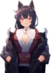 Rule 34 | 1girl, alternate costume, animal ears, breasts, brooch, brown hair, brown jacket, choker, cleavage, closed mouth, cowboy shot, hands in pockets, highres, imaizumi kagerou, jacket, japanese clothes, jewelry, kimono, large breasts, long hair, looking at viewer, onion (onion and pi-natto), red eyes, red kimono, sash, simple background, slit pupils, smile, solo, touhou, white background, white choker, wolf ears