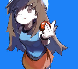 Rule 34 | 1girl, blue background, blue shirt, brown eyes, brown hair, closed mouth, commentary, creatures (company), eyelashes, game freak, hand up, hat, holding, holding poke ball, leaf (pokemon), lillin, long hair, nintendo, poke ball, poke ball (basic), pokemon, pokemon frlg, shirt, simple background, skirt, sleeveless, sleeveless shirt, solo, white hat, wristband