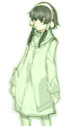 Rule 34 | 00s, 1boy, androgynous, bishounen, blush, cloak, earmuffs, green eyes, green hair, green theme, hair tubes, hairband, ion (tales), long sleeves, male focus, matching hair/eyes, short hair, short hair with long locks, simple background, smile, solo, standing, tales of (series), tales of the abyss, white background, yu 65026