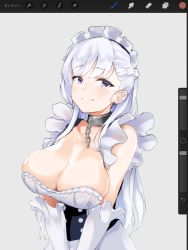 Rule 34 | 1girl, apron, azur lane, bare shoulders, belfast (azur lane), blue dress, blue eyes, blush, braid, breasts, broken, broken chain, chain, cleavage, closed mouth, collar, collarbone, corset, dress, elbow gloves, french braid, frilled gloves, frills, gloves, grey background, large breasts, long hair, looking at viewer, maid, maid headdress, metal collar, misekai 555, simple background, smile, solo, swept bangs, underbust, waist apron, white apron, white hair