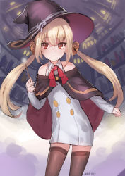 Rule 34 | 1girl, bare shoulders, black thighhighs, blonde hair, blush, cape, dress, flat chest, hat, long hair, meto31, original, red eyes, solo, thighhighs, twintails, wand, witch, witch hair, witch hat