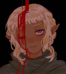 1boy ambiguous_red_liquid blonde_hair blood blood_in_hair blood_on_face dark-skinned_male dark_skin dungeon_meshi elf highres kirastryi looking_at_viewer male_focus one_eye_closed pointy_ears portrait purple_eyes solo thistle_(dungeon_meshi)