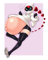 Rule 34 | &gt; &lt;, 1girl, atlus, big belly, female focus, gloves, heart, hellbrain, highres, persona, persona 5, persona 5 scramble: the phantom strikers, pregnant, red hair, solo, sophia (p5s), thighhighs