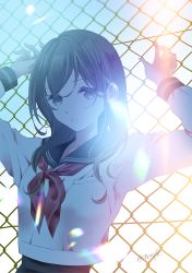 Rule 34 | 1girl, arms up, backlighting, black hair, black sailor collar, black skirt, brown eyes, chain-link fence, commentary request, fence, highres, long hair, long sleeves, looking at viewer, neckerchief, original, outdoors, parted lips, red neckerchief, sailor collar, school uniform, serafuku, sheepd, shirt, signature, skirt, solo, sunset, white shirt