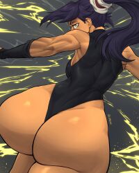 Rule 34 | 1girl, ass, ass focus, bleach, dark-skinned female, dark skin, electricity, huge ass, lightning, limn044, looking back, ponytail, purple hair, shihouin yoruichi, solo, yellow electricity, yellow eyes