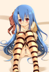 Rule 34 | 1girl, blue hair, blush, censored, fct, long hair, no panties, red eyes, rocbouquet, rocbouquet (saga), romancing saga, romancing saga 2, saga, sara da pranzo, sdp, sitting, solo, striped clothes, striped thighhighs, thighhighs