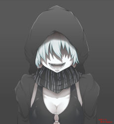 Rule 34 | 1girl, abyssal ship, black background, breasts, cleavage, colored skin, dated, evil smile, hair over eyes, hood, kantai collection, large breasts, o-ring, o-ring top, re-class battleship, scarf, shaded face, sharp teeth, silver hair, smile, solo, striped clothes, striped scarf, takasugi heppu, teeth, twitter username, upper body, white skin