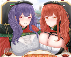 Rule 34 | 2girls, archstreal, azur lane, beret, breasts, capelet, cleavage, cloak, closed mouth, cup, drinking glass, food, hat, highres, huge breasts, italian flag, large breasts, long hair, looking at viewer, multiple girls, pizza, pola (azur lane), purple hair, red eyes, red hair, selfie, smile, table, uniform, wine glass, yellow eyes, zara (azur lane)