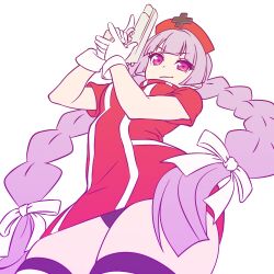 Rule 34 | 1girl, braid, breasts, closed mouth, commentary request, cowboy shot, dress, from below, gloves, gun, hair ribbon, handgun, hands up, hat, holding, holding gun, holding weapon, indie virtual youtuber, long hair, looking at viewer, looking down, low twin braids, magari (c0rn3r), medium breasts, microdress, nurse cap, panties, pink eyes, purple hair, purple panties, purple thighhighs, red dress, red hat, ribbon, rokudou mei, short sleeves, simple background, skindentation, smirk, solo, standing, thighhighs, thighs, twin braids, underwear, upskirt, v-shaped eyebrows, virtual youtuber, weapon, white background, white gloves, white ribbon, wide hips