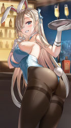 Rule 34 | 1girl, absurdres, animal ears, ass, asuna (blue archive), asuna (bunny) (blue archive), bare shoulders, blue archive, blue eyes, blue leotard, breasts, brown hair, brown pantyhose, cowboy shot, detached collar, fake animal ears, fake tail, from behind, gloves, grin, hair over one eye, hair ribbon, hairband, hands up, highleg, highleg leotard, highres, kitin, large breasts, leotard, long hair, looking at viewer, looking back, pantyhose, playboy bunny, rabbit ears, rabbit tail, ribbon, smile, solo, standing, strapless, strapless leotard, tail, thighband pantyhose, tray, very long hair, white gloves